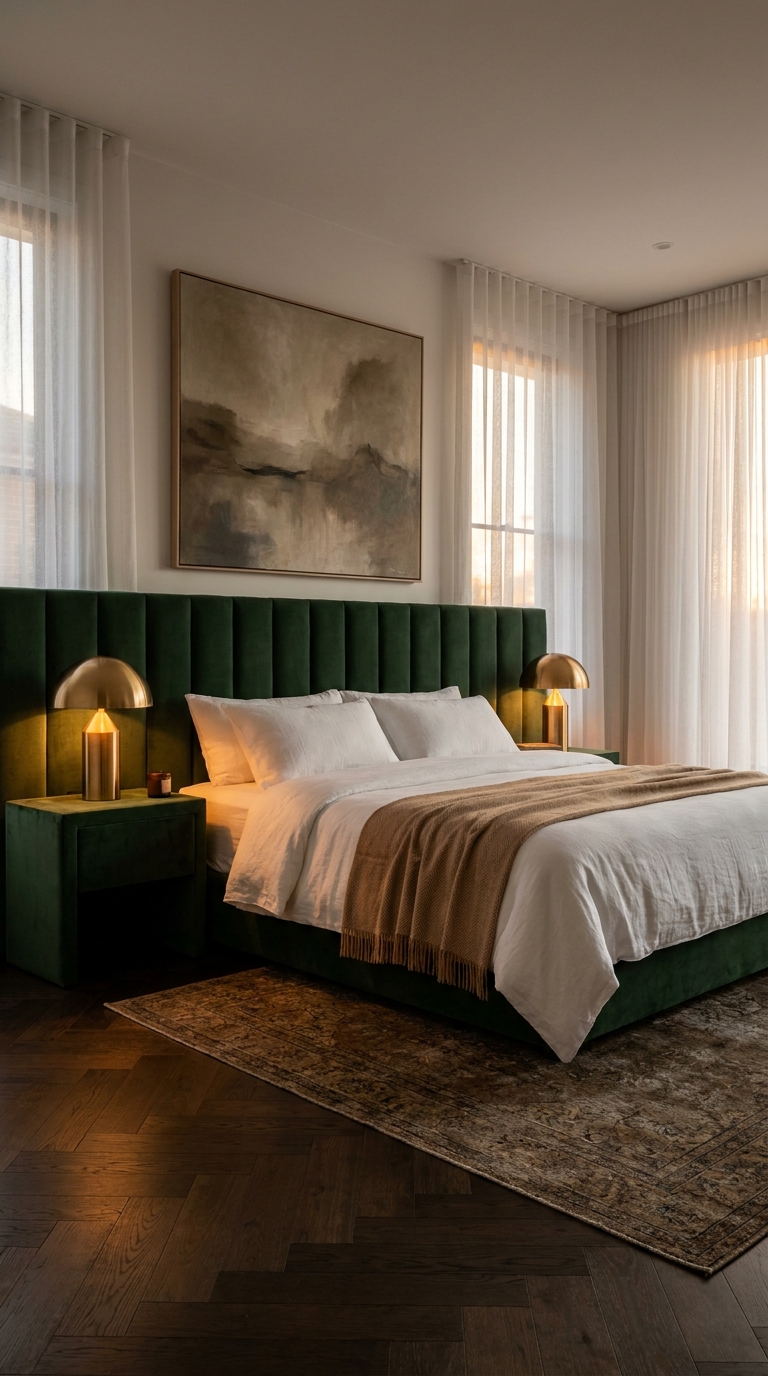 dark luxury bedroom ideas with forest green velvet headboard moody lighting and gold accents