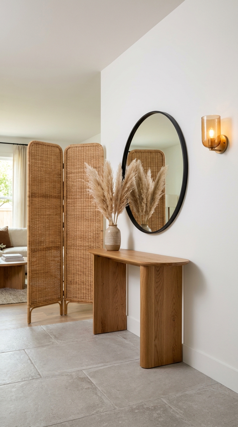 entryway decor ideas with console table round mirror rattan accessories and warm lighting for American homes