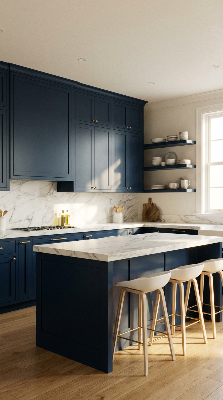 navy blue kitchen ideas with brass hardware marble countertops and shaker cabinets