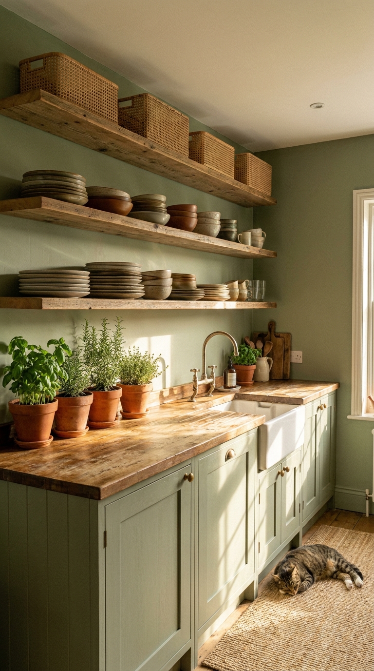 open shelving kitchen ideas with sage green walls white ceramics and floating wood shelves